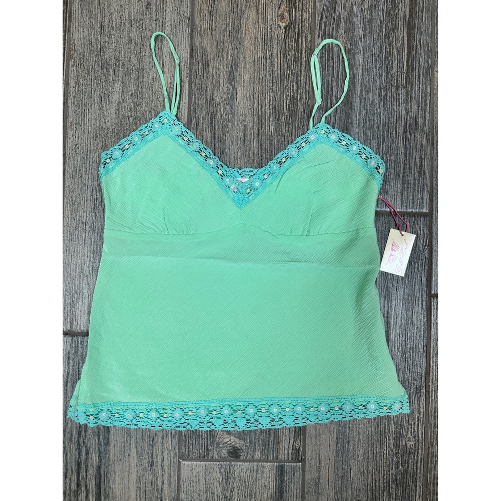 Gold Hawk Lime Sherbet Silk Cami Top with Lace Trim -‎ Size M